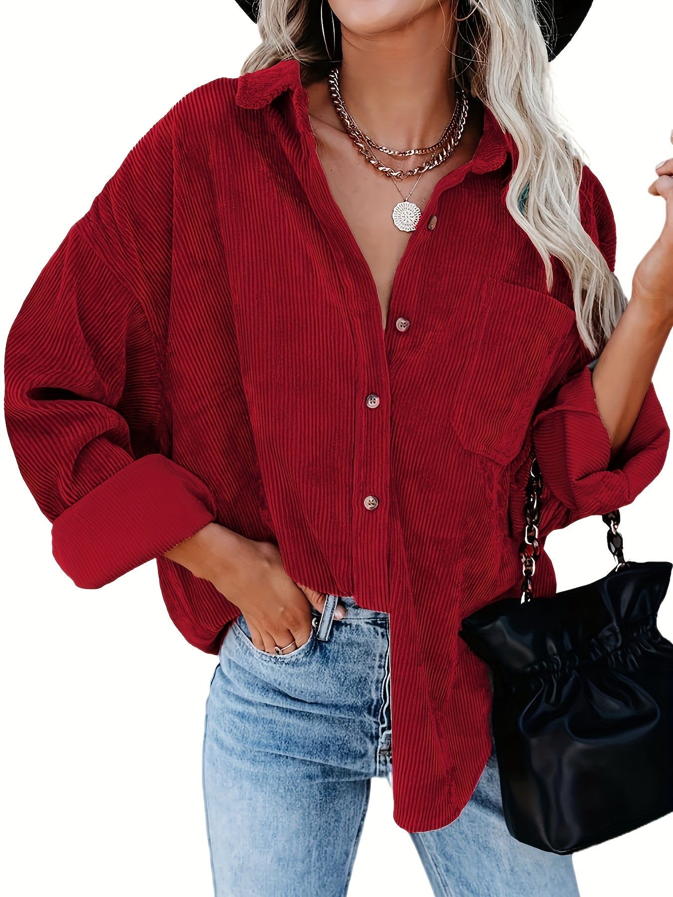 Women's Oversized Corduroy Button-Up Shirt - Long Sleeve, Loose Fit, Rust Orange, Casual Style with Pockets, Perfect for Spring/Fall, Casual Wear Shirt | Stylish Pockets | Corduroy Fabric