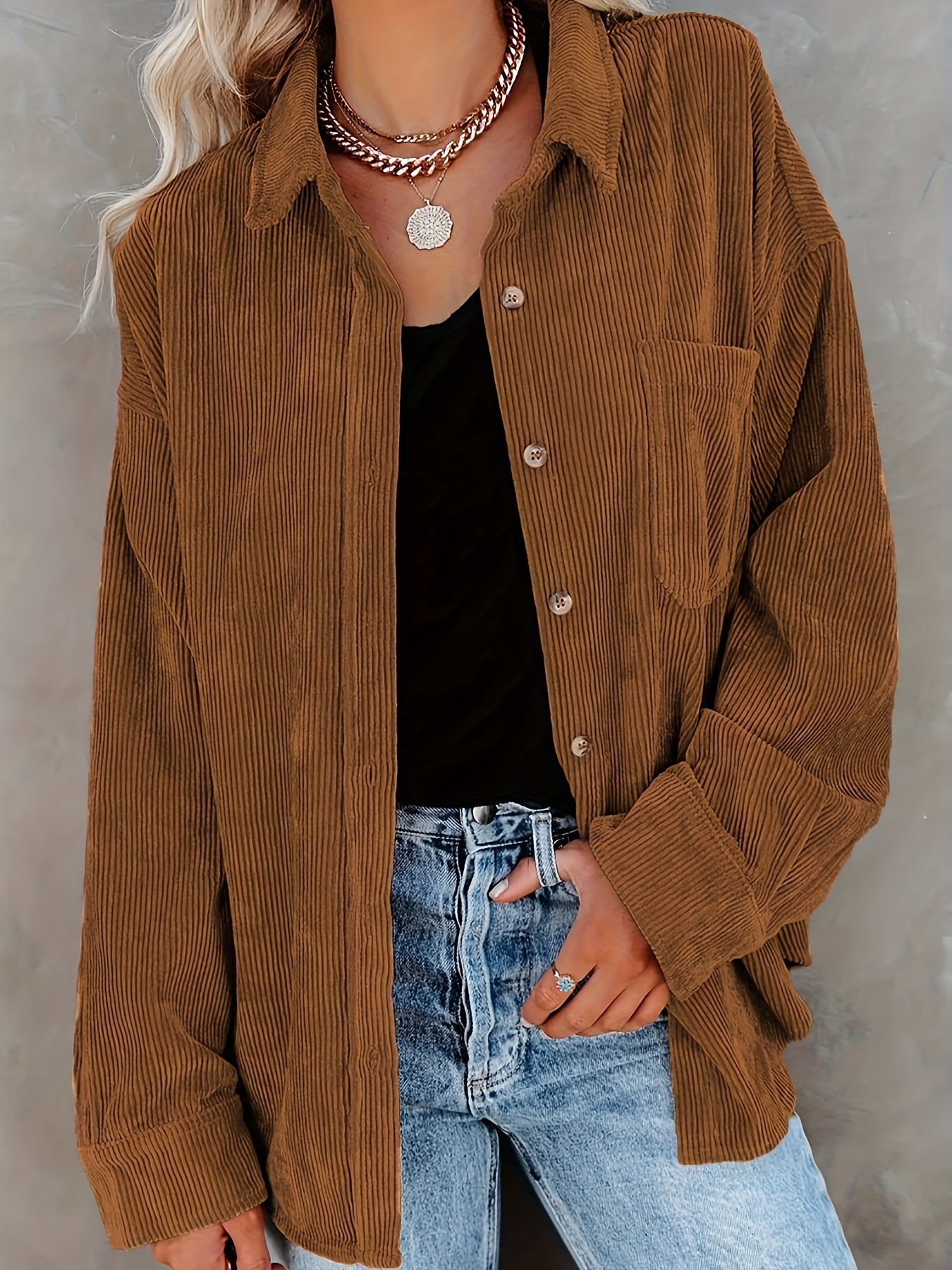Women's Oversized Corduroy Button-Up Shirt - Long Sleeve, Loose Fit, Rust Orange, Casual Style with Pockets, Perfect for Spring/Fall, Casual Wear Shirt | Stylish Pockets | Corduroy Fabric