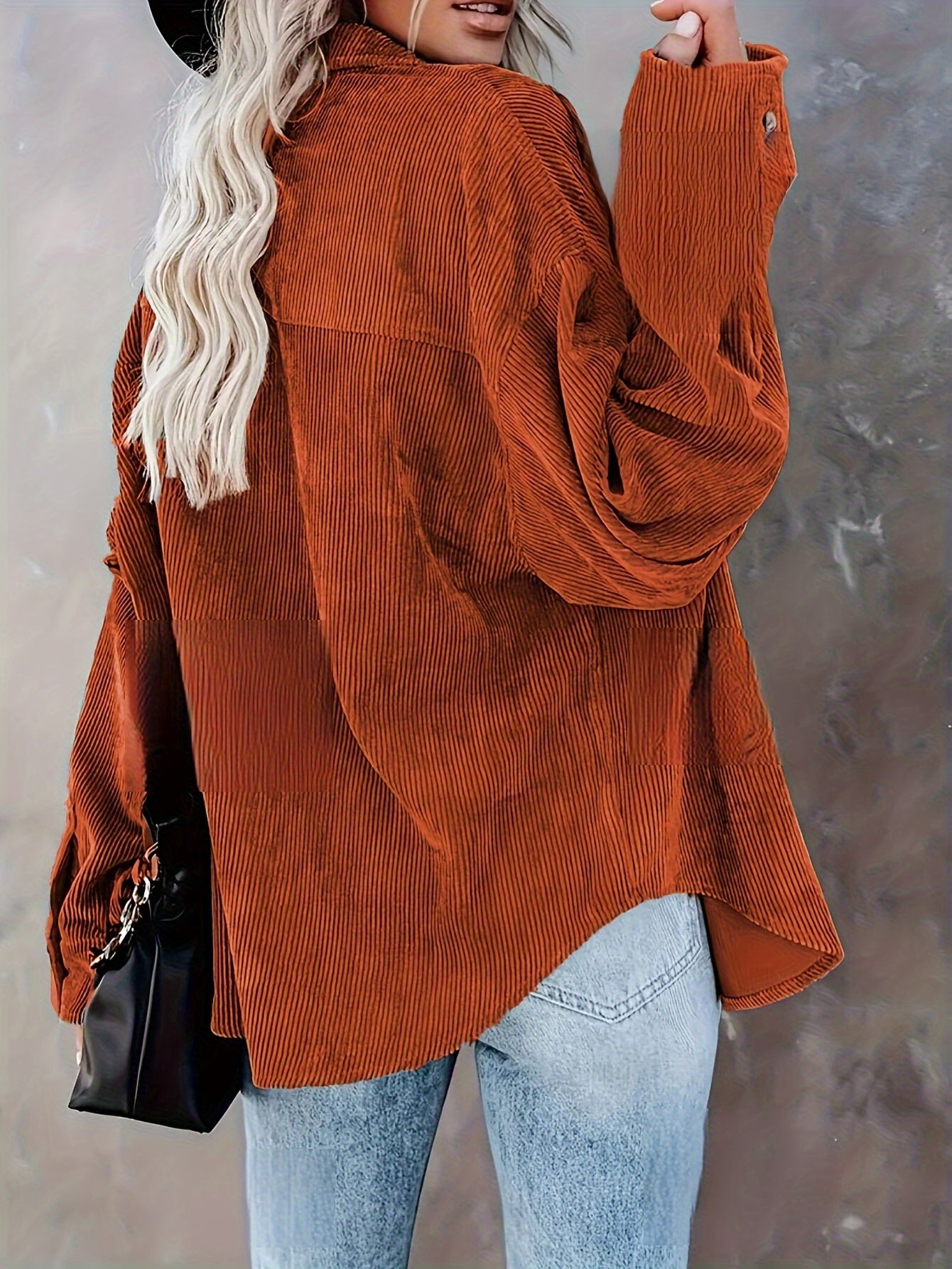 Women's Oversized Corduroy Button-Up Shirt - Long Sleeve, Loose Fit, Rust Orange, Casual Style with Pockets, Perfect for Spring/Fall, Casual Wear Shirt | Stylish Pockets | Corduroy Fabric