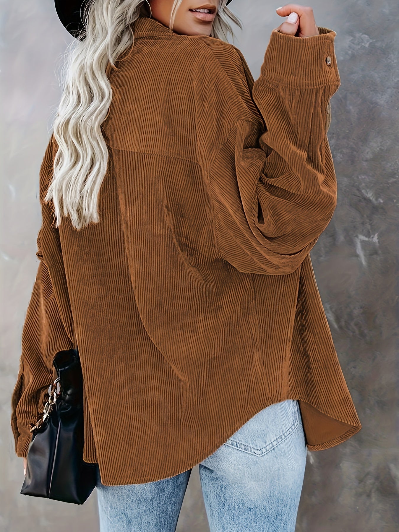 Women's Oversized Corduroy Button-Up Shirt - Long Sleeve, Loose Fit, Rust Orange, Casual Style with Pockets, Perfect for Spring/Fall, Casual Wear Shirt | Stylish Pockets | Corduroy Fabric