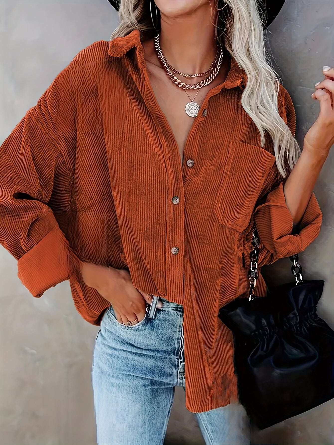 Women's Oversized Corduroy Button-Up Shirt - Long Sleeve, Loose Fit, Rust Orange, Casual Style with Pockets, Perfect for Spring/Fall, Casual Wear Shirt | Stylish Pockets | Corduroy Fabric