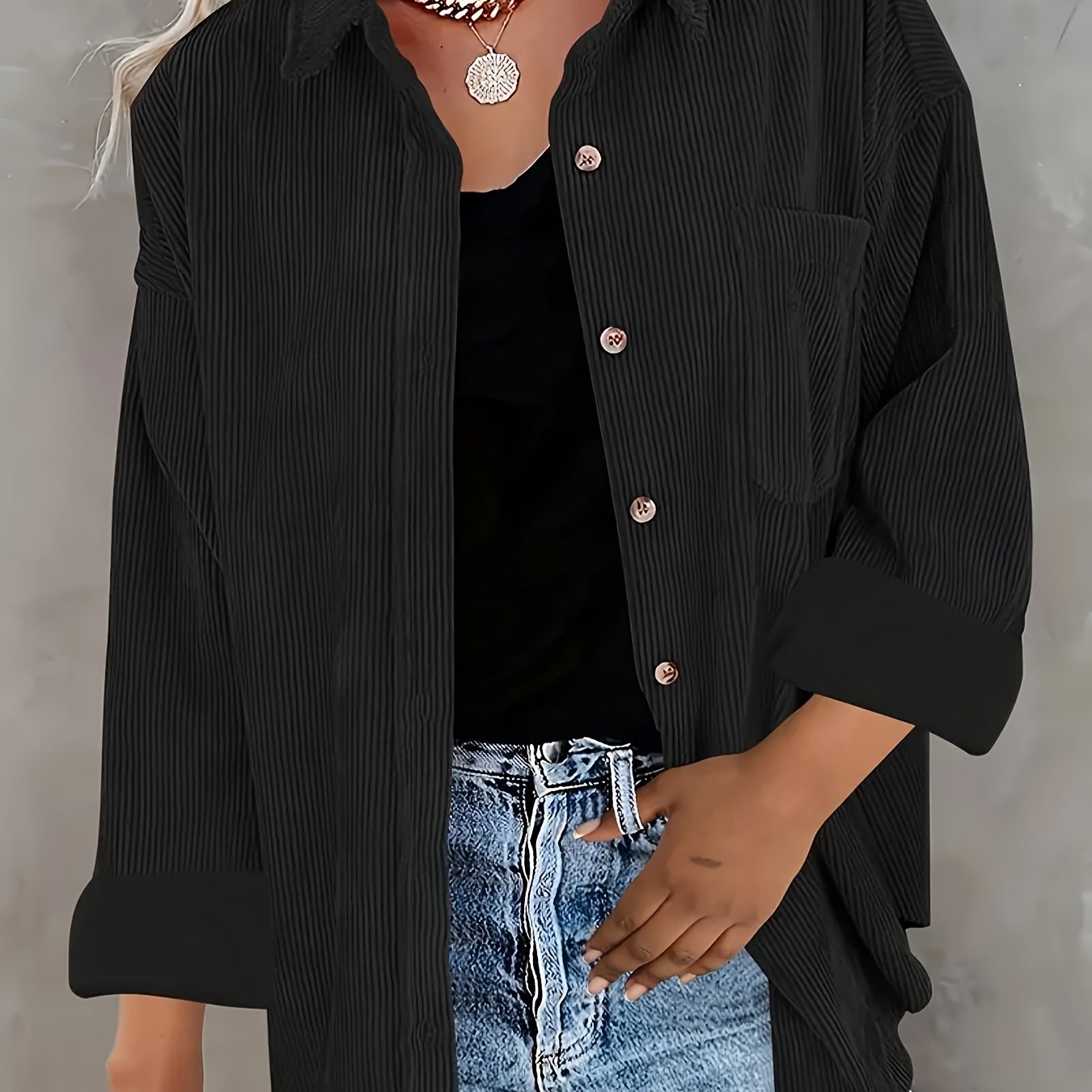 Women's Oversized Corduroy Button-Up Shirt - Long Sleeve, Loose Fit, Rust Orange, Casual Style with Pockets, Perfect for Spring/Fall, Casual Wear Shirt | Stylish Pockets | Corduroy Fabric
