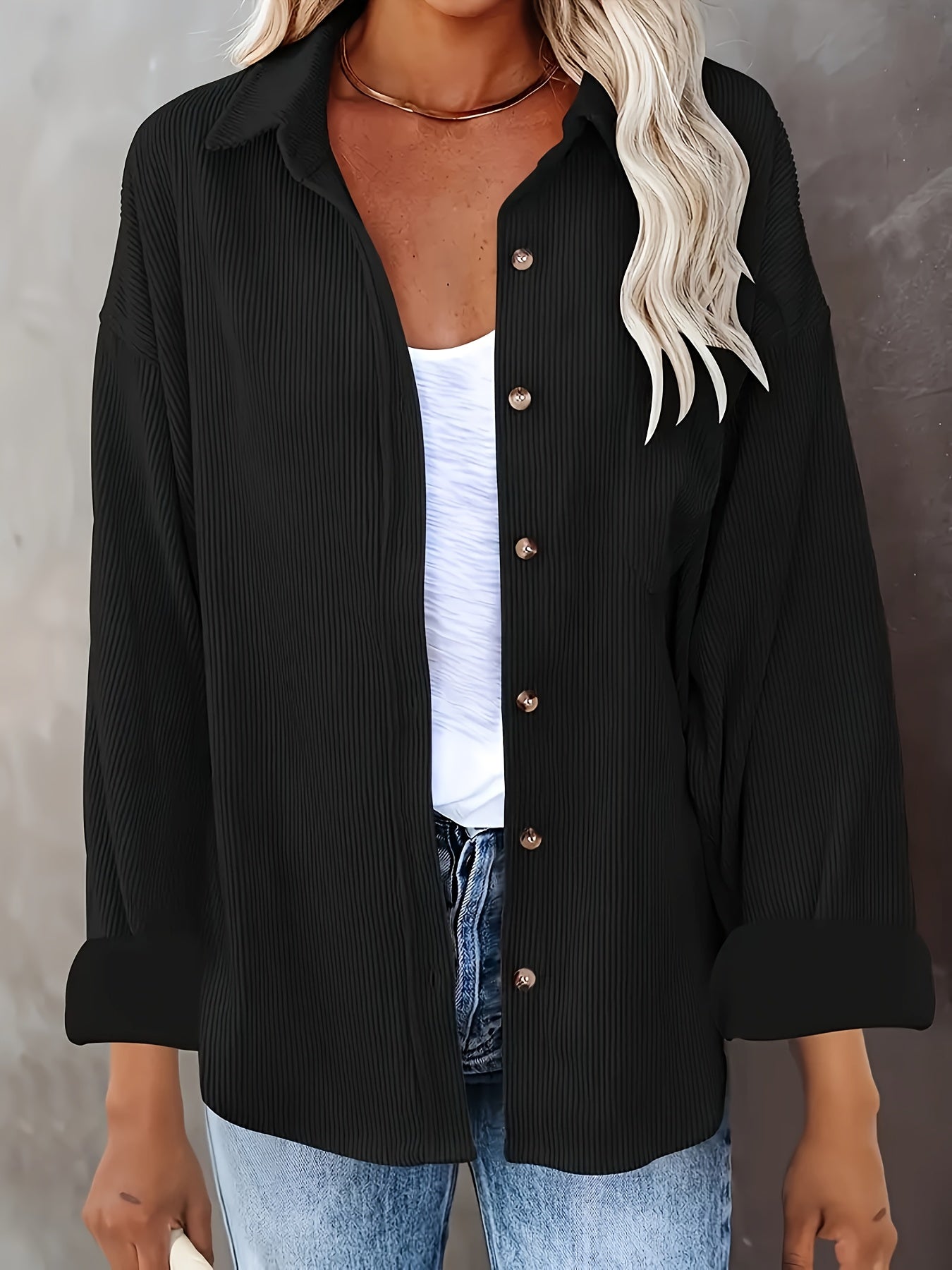 Women's Oversized Corduroy Button-Up Shirt - Long Sleeve, Loose Fit, Rust Orange, Casual Style with Pockets, Perfect for Spring/Fall, Casual Wear Shirt | Stylish Pockets | Corduroy Fabric