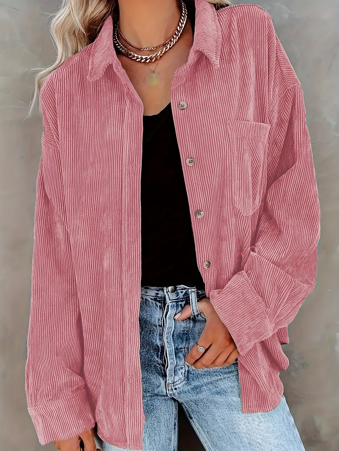 Women's Oversized Corduroy Button-Up Shirt - Long Sleeve, Loose Fit, Rust Orange, Casual Style with Pockets, Perfect for Spring/Fall, Casual Wear Shirt | Stylish Pockets | Corduroy Fabric