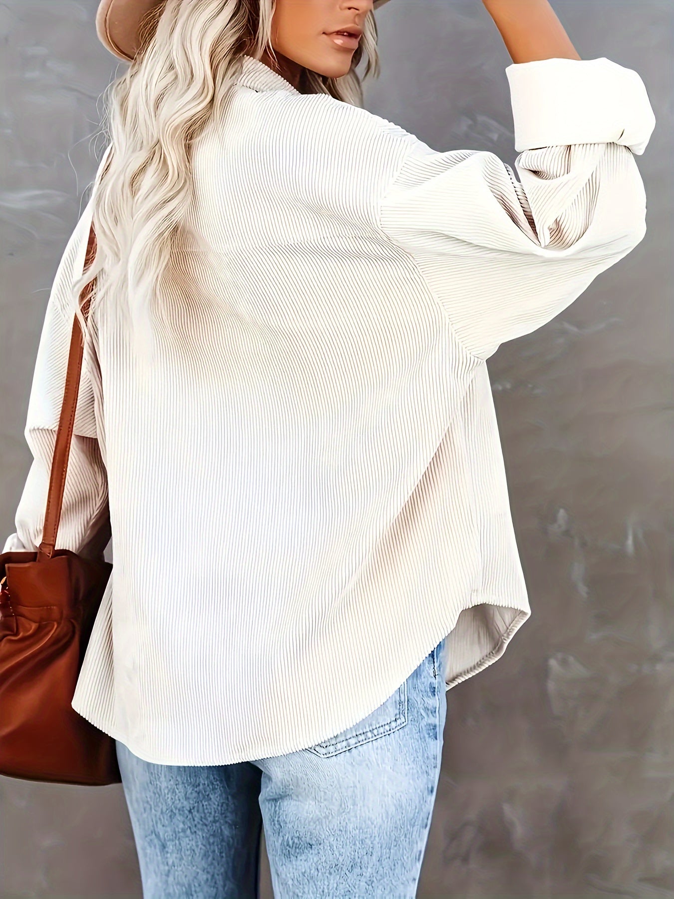 Women's Oversized Corduroy Button-Up Shirt - Long Sleeve, Loose Fit, Rust Orange, Casual Style with Pockets, Perfect for Spring/Fall, Casual Wear Shirt | Stylish Pockets | Corduroy Fabric