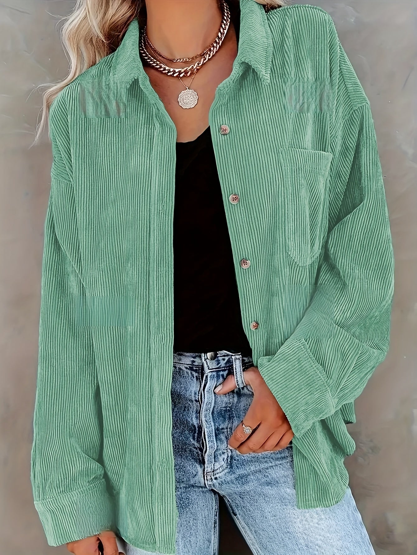 Women's Oversized Corduroy Button-Up Shirt - Long Sleeve, Loose Fit, Rust Orange, Casual Style with Pockets, Perfect for Spring/Fall, Casual Wear Shirt | Stylish Pockets | Corduroy Fabric