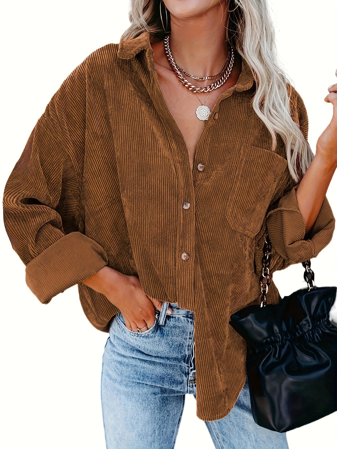 Women's Oversized Corduroy Button-Up Shirt - Long Sleeve, Loose Fit, Rust Orange, Casual Style with Pockets, Perfect for Spring/Fall, Casual Wear Shirt | Stylish Pockets | Corduroy Fabric