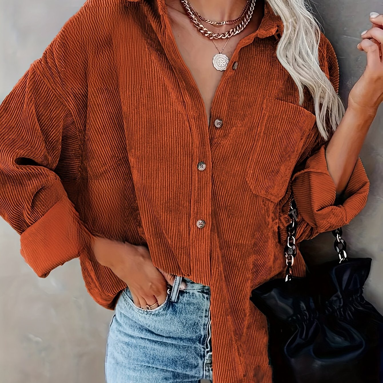 Women's Oversized Corduroy Button-Up Shirt - Long Sleeve, Loose Fit, Rust Orange, Casual Style with Pockets, Perfect for Spring/Fall, Casual Wear Shirt | Stylish Pockets | Corduroy Fabric