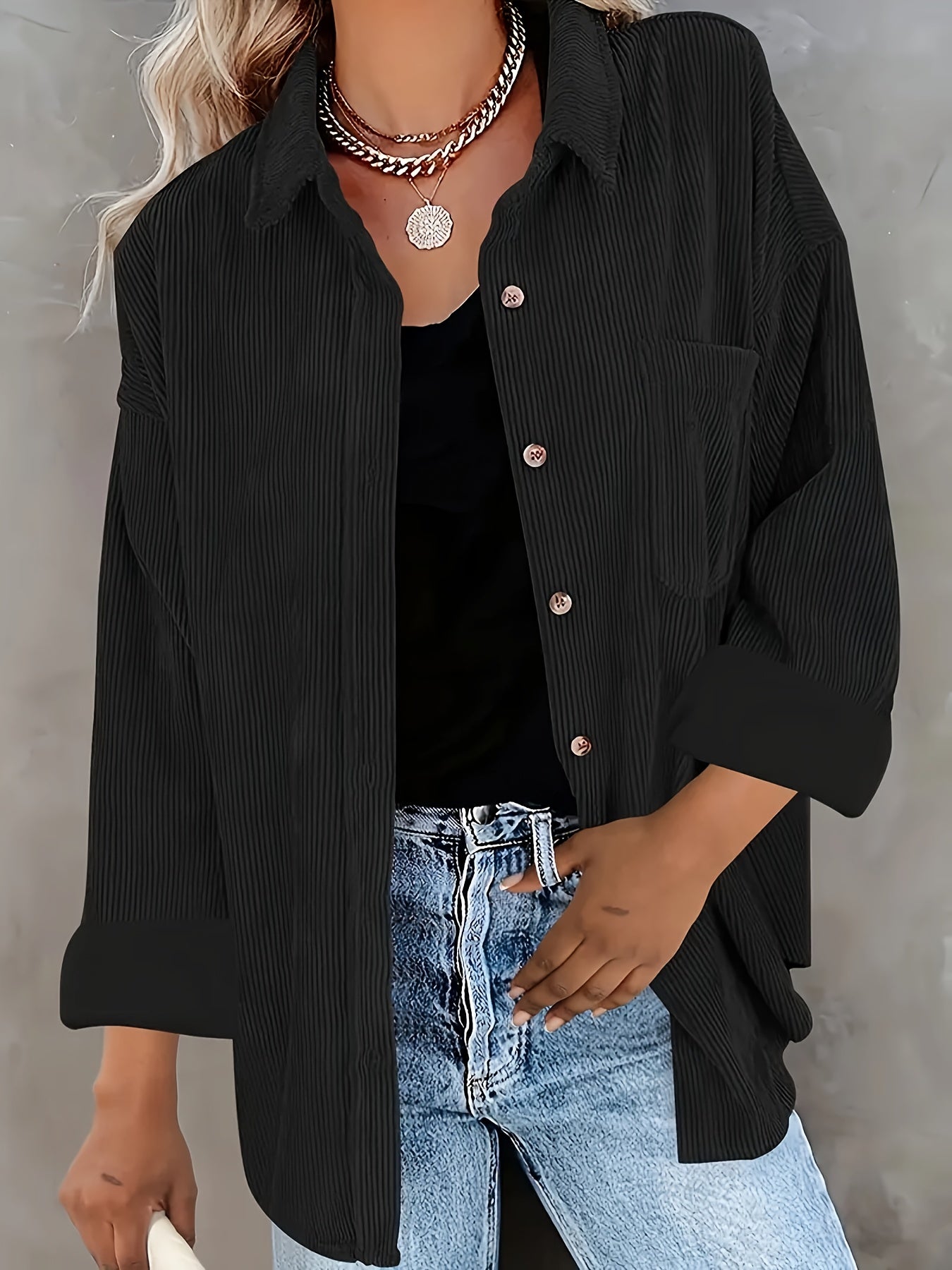 Women's Oversized Corduroy Button-Up Shirt - Long Sleeve, Loose Fit, Rust Orange, Casual Style with Pockets, Perfect for Spring/Fall, Casual Wear Shirt | Stylish Pockets | Corduroy Fabric