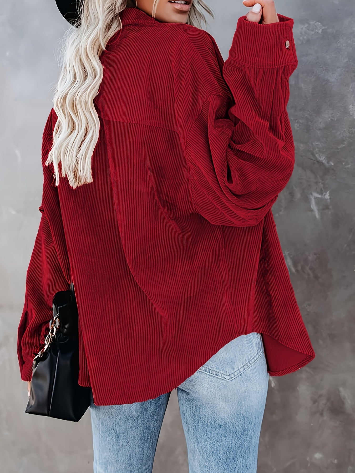 Women's Oversized Corduroy Button-Up Shirt - Long Sleeve, Loose Fit, Rust Orange, Casual Style with Pockets, Perfect for Spring/Fall, Casual Wear Shirt | Stylish Pockets | Corduroy Fabric
