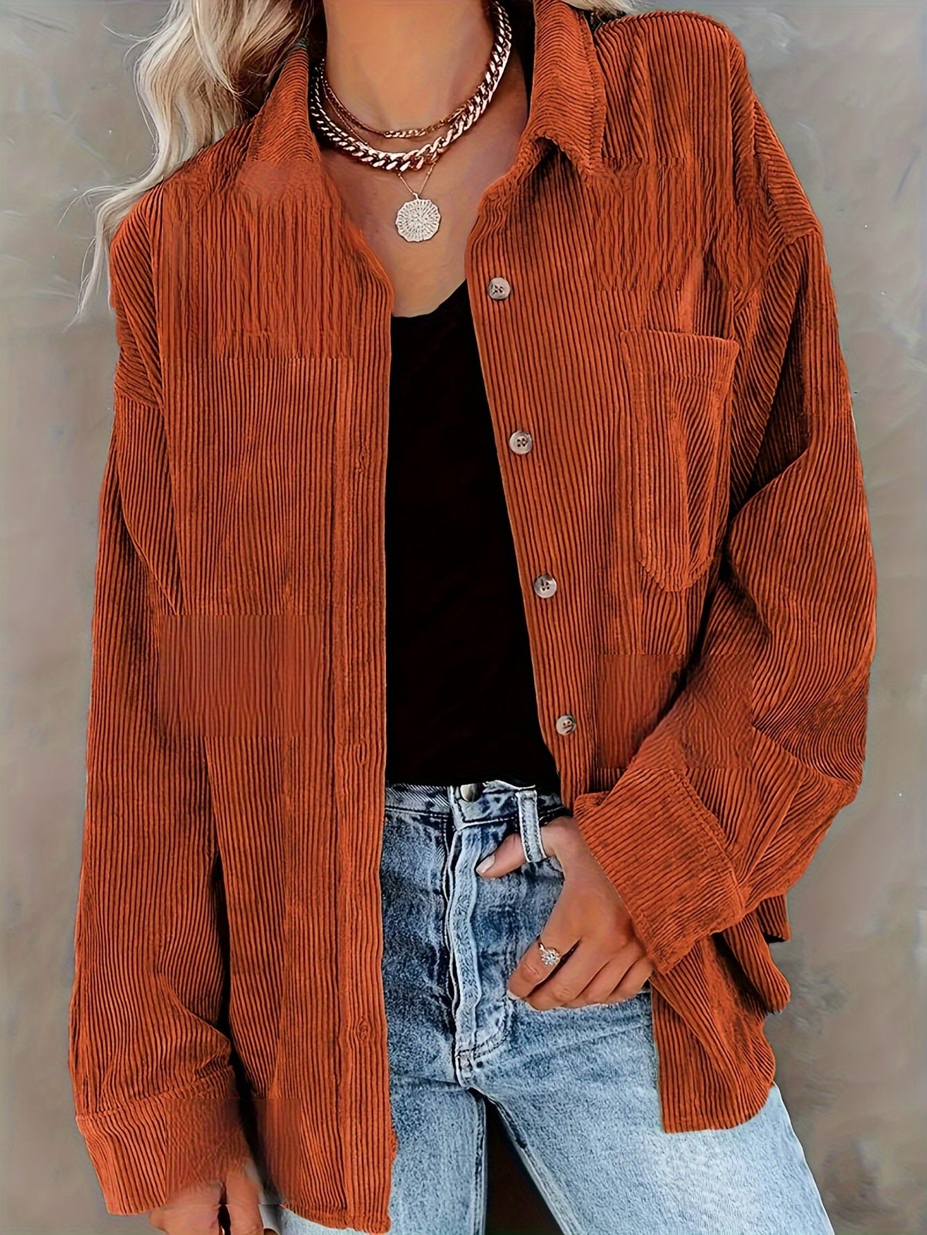 Women's Oversized Corduroy Button-Up Shirt - Long Sleeve, Loose Fit, Rust Orange, Casual Style with Pockets, Perfect for Spring/Fall, Casual Wear Shirt | Stylish Pockets | Corduroy Fabric