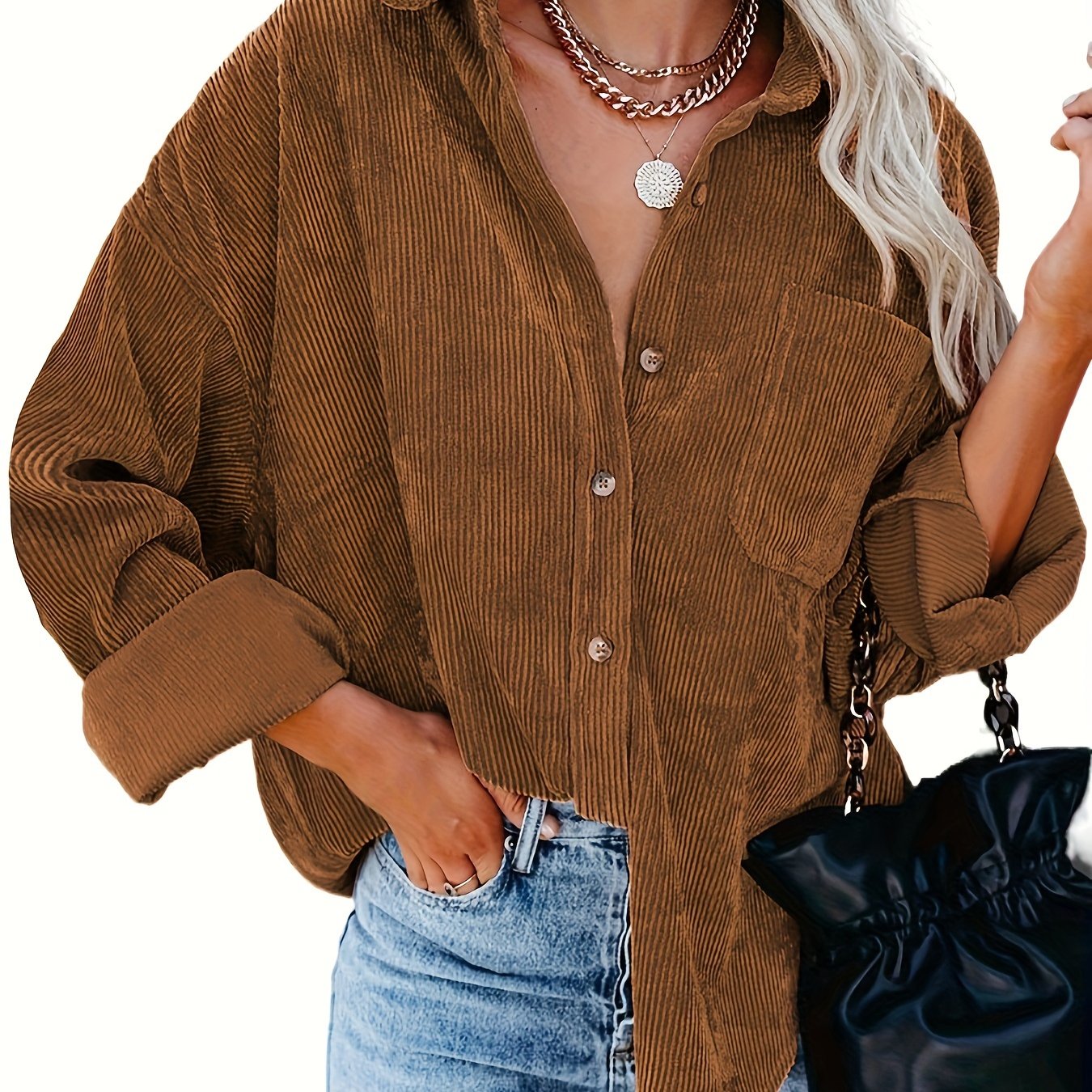 Women's Oversized Corduroy Button-Up Shirt - Long Sleeve, Loose Fit, Rust Orange, Casual Style with Pockets, Perfect for Spring/Fall, Casual Wear Shirt | Stylish Pockets | Corduroy Fabric