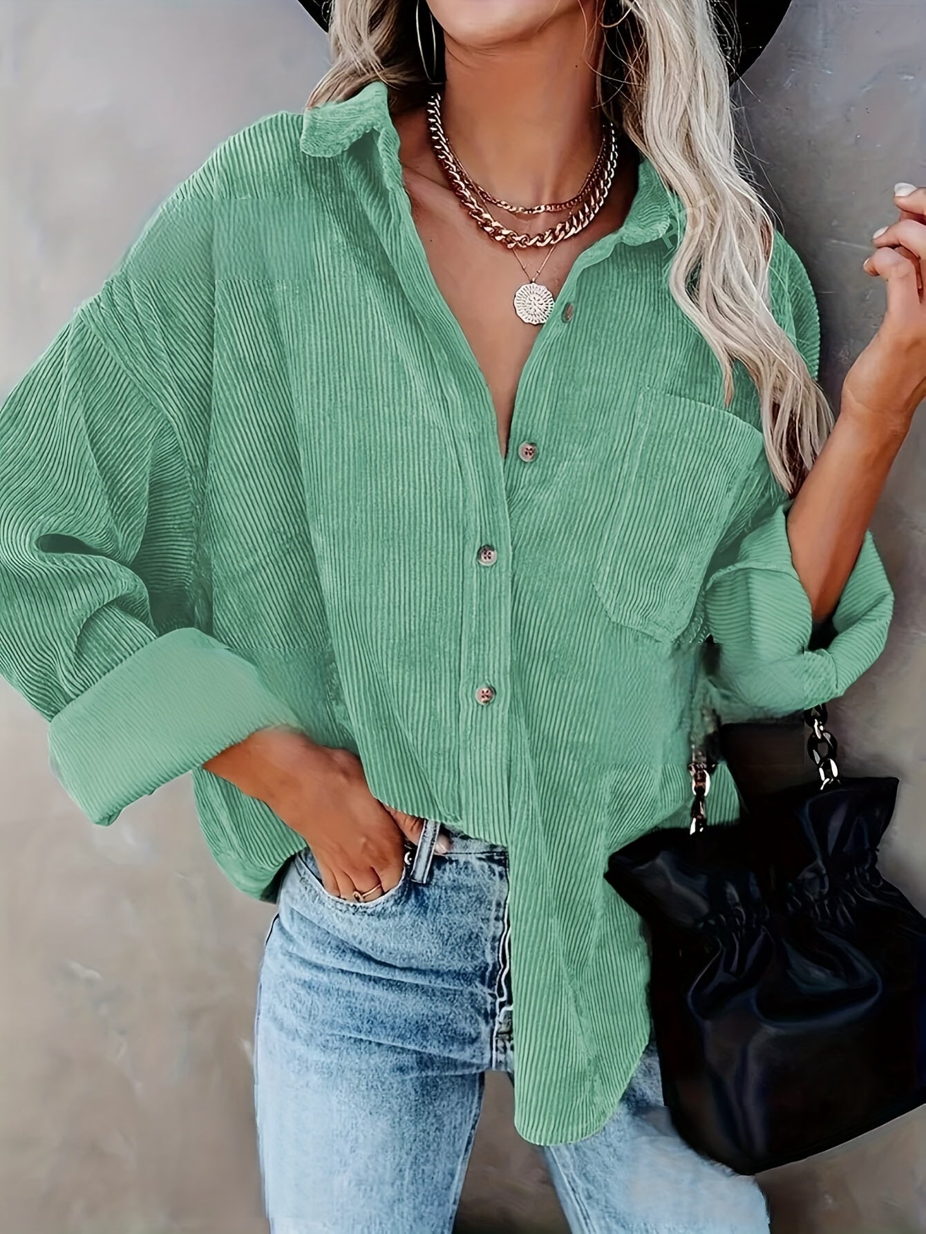 Women's Oversized Corduroy Button-Up Shirt - Long Sleeve, Loose Fit, Rust Orange, Casual Style with Pockets, Perfect for Spring/Fall, Casual Wear Shirt | Stylish Pockets | Corduroy Fabric