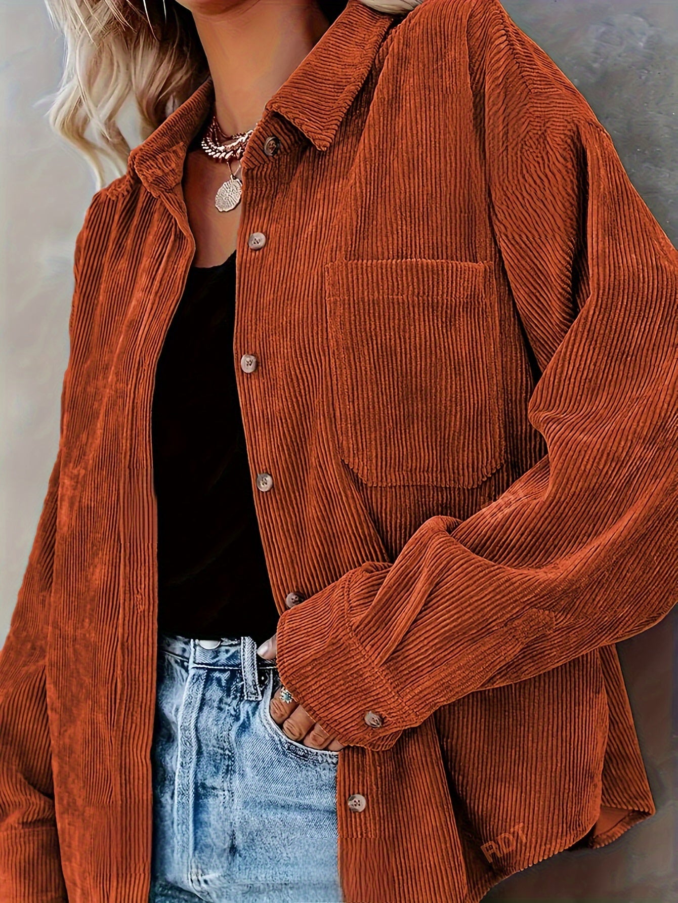 Women's Oversized Corduroy Button-Up Shirt - Long Sleeve, Loose Fit, Rust Orange, Casual Style with Pockets, Perfect for Spring/Fall, Casual Wear Shirt | Stylish Pockets | Corduroy Fabric