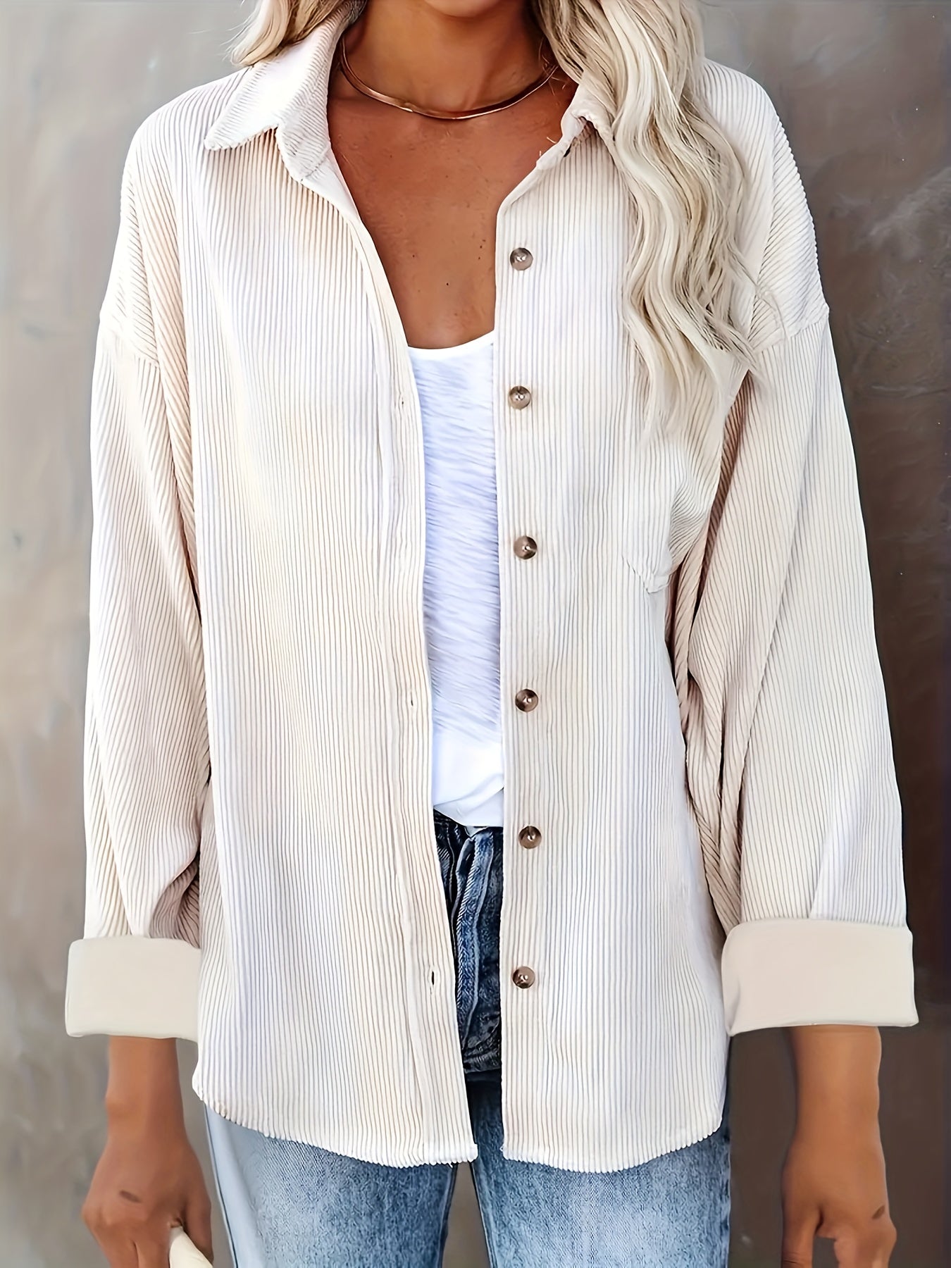 Women's Oversized Corduroy Button-Up Shirt - Long Sleeve, Loose Fit, Rust Orange, Casual Style with Pockets, Perfect for Spring/Fall, Casual Wear Shirt | Stylish Pockets | Corduroy Fabric