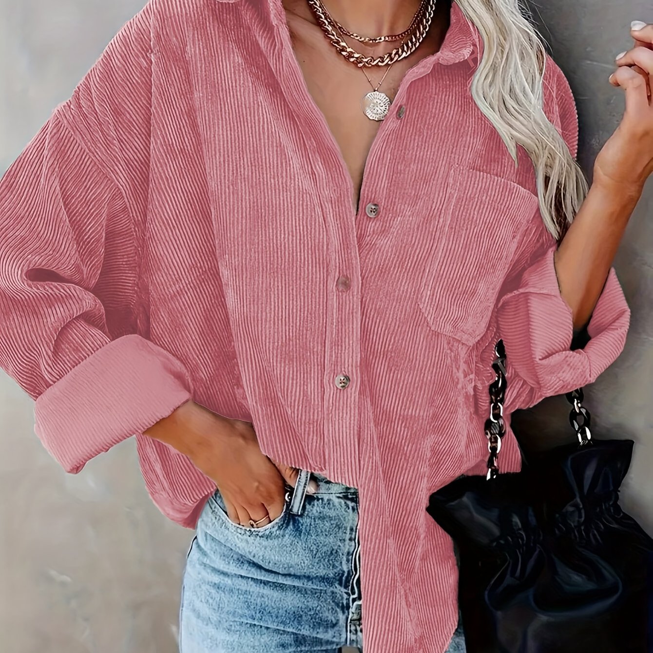 Women's Oversized Corduroy Button-Up Shirt - Long Sleeve, Loose Fit, Rust Orange, Casual Style with Pockets, Perfect for Spring/Fall, Casual Wear Shirt | Stylish Pockets | Corduroy Fabric