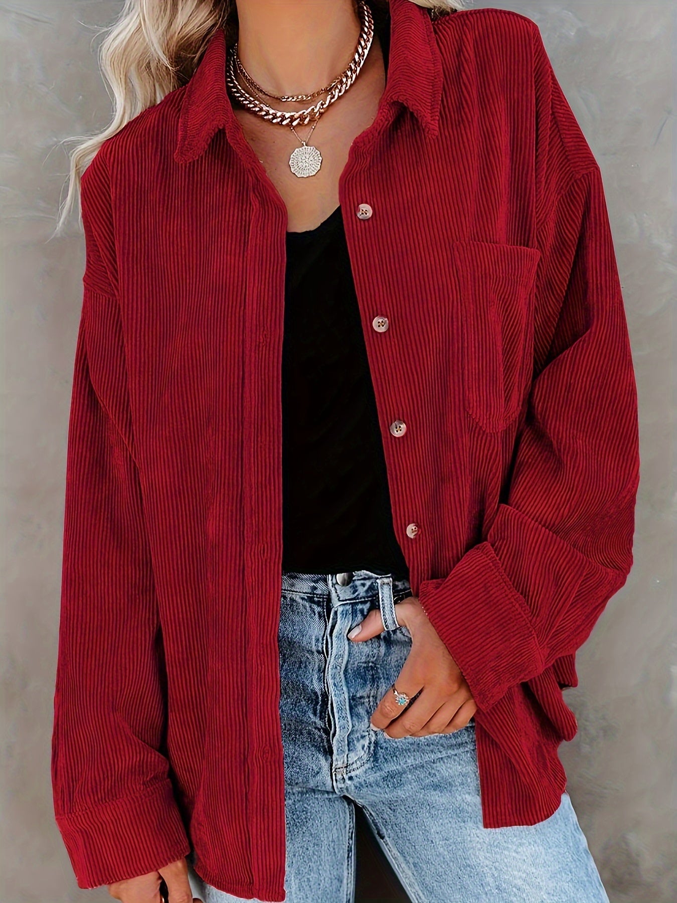 Women's Oversized Corduroy Button-Up Shirt - Long Sleeve, Loose Fit, Rust Orange, Casual Style with Pockets, Perfect for Spring/Fall, Casual Wear Shirt | Stylish Pockets | Corduroy Fabric