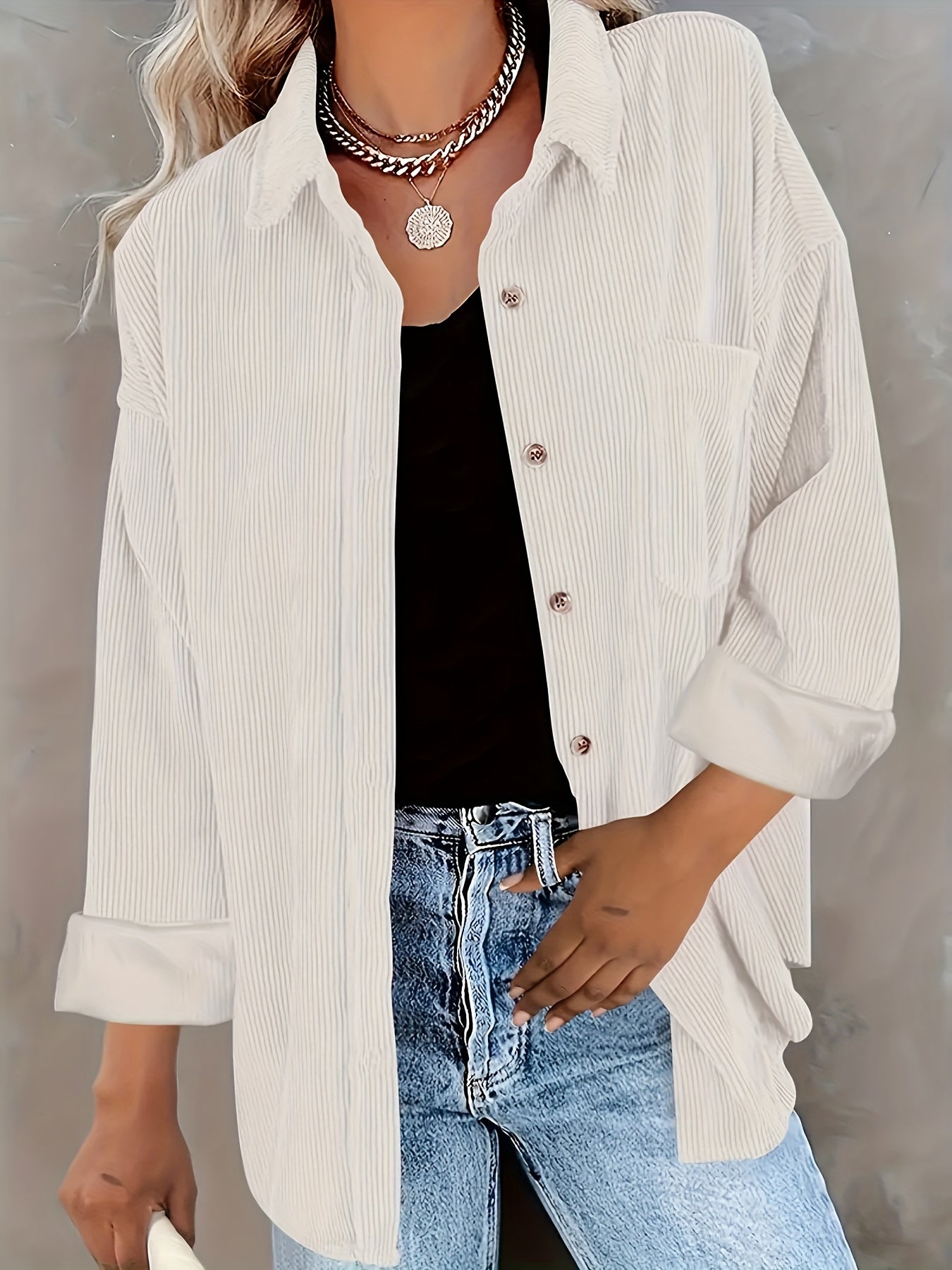 Women's Oversized Corduroy Button-Up Shirt - Long Sleeve, Loose Fit, Rust Orange, Casual Style with Pockets, Perfect for Spring/Fall, Casual Wear Shirt | Stylish Pockets | Corduroy Fabric