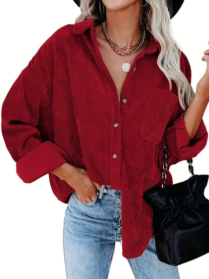 Women's Oversized Corduroy Button-Up Shirt - Long Sleeve, Loose Fit, Rust Orange, Casual Style with Pockets, Perfect for Spring/Fall, Casual Wear Shirt | Stylish Pockets | Corduroy Fabric