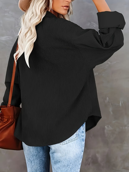 Women's Oversized Corduroy Button-Up Shirt - Long Sleeve, Loose Fit, Rust Orange, Casual Style with Pockets, Perfect for Spring/Fall, Casual Wear Shirt | Stylish Pockets | Corduroy Fabric