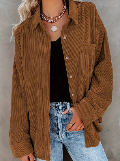 Women's Oversized Corduroy Button-Up Shirt - Long Sleeve, Loose Fit, Rust Orange, Casual Style with Pockets, Perfect for Spring/Fall, Casual Wear Shirt | Stylish Pockets | Corduroy Fabric