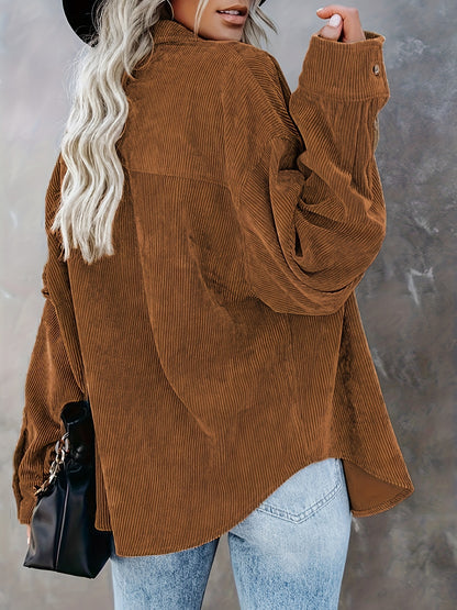 Women's Oversized Corduroy Button-Up Shirt - Long Sleeve, Loose Fit, Rust Orange, Casual Style with Pockets, Perfect for Spring/Fall, Casual Wear Shirt | Stylish Pockets | Corduroy Fabric