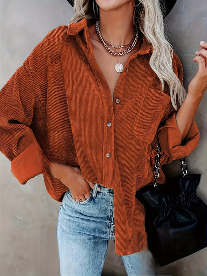 Women's Oversized Corduroy Button-Up Shirt - Long Sleeve, Loose Fit, Rust Orange, Casual Style with Pockets, Perfect for Spring/Fall, Casual Wear Shirt | Stylish Pockets | Corduroy Fabric