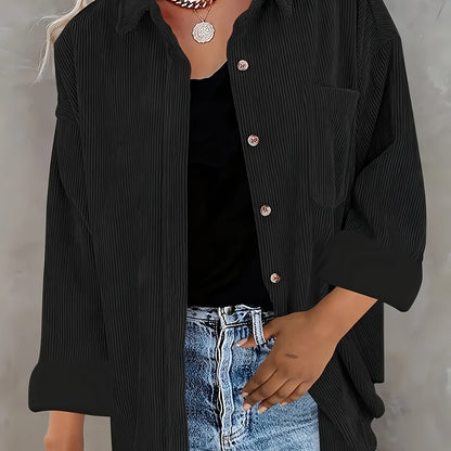 Women's Oversized Corduroy Button-Up Shirt - Long Sleeve, Loose Fit, Rust Orange, Casual Style with Pockets, Perfect for Spring/Fall, Casual Wear Shirt | Stylish Pockets | Corduroy Fabric