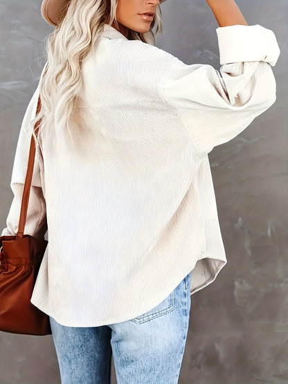 Women's Oversized Corduroy Button-Up Shirt - Long Sleeve, Loose Fit, Rust Orange, Casual Style with Pockets, Perfect for Spring/Fall, Casual Wear Shirt | Stylish Pockets | Corduroy Fabric