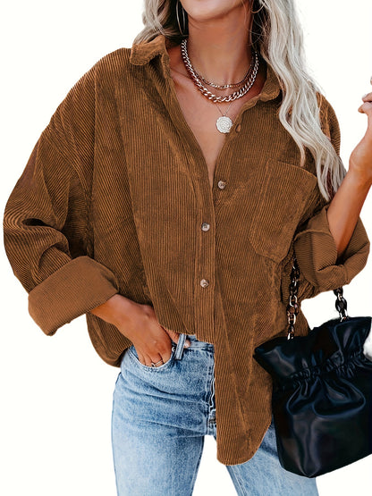 Women's Oversized Corduroy Button-Up Shirt - Long Sleeve, Loose Fit, Rust Orange, Casual Style with Pockets, Perfect for Spring/Fall, Casual Wear Shirt | Stylish Pockets | Corduroy Fabric