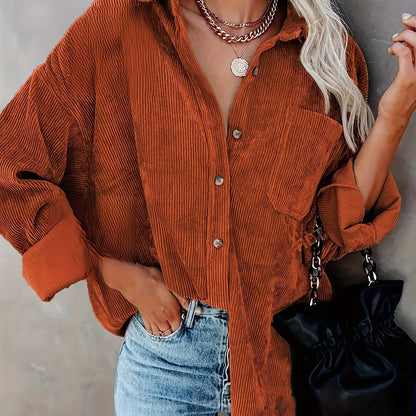 Women's Oversized Corduroy Button-Up Shirt - Long Sleeve, Loose Fit, Rust Orange, Casual Style with Pockets, Perfect for Spring/Fall, Casual Wear Shirt | Stylish Pockets | Corduroy Fabric
