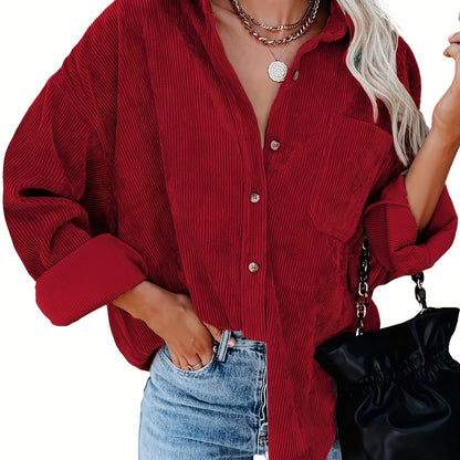 Women's Oversized Corduroy Button-Up Shirt - Long Sleeve, Loose Fit, Rust Orange, Casual Style with Pockets, Perfect for Spring/Fall, Casual Wear Shirt | Stylish Pockets | Corduroy Fabric