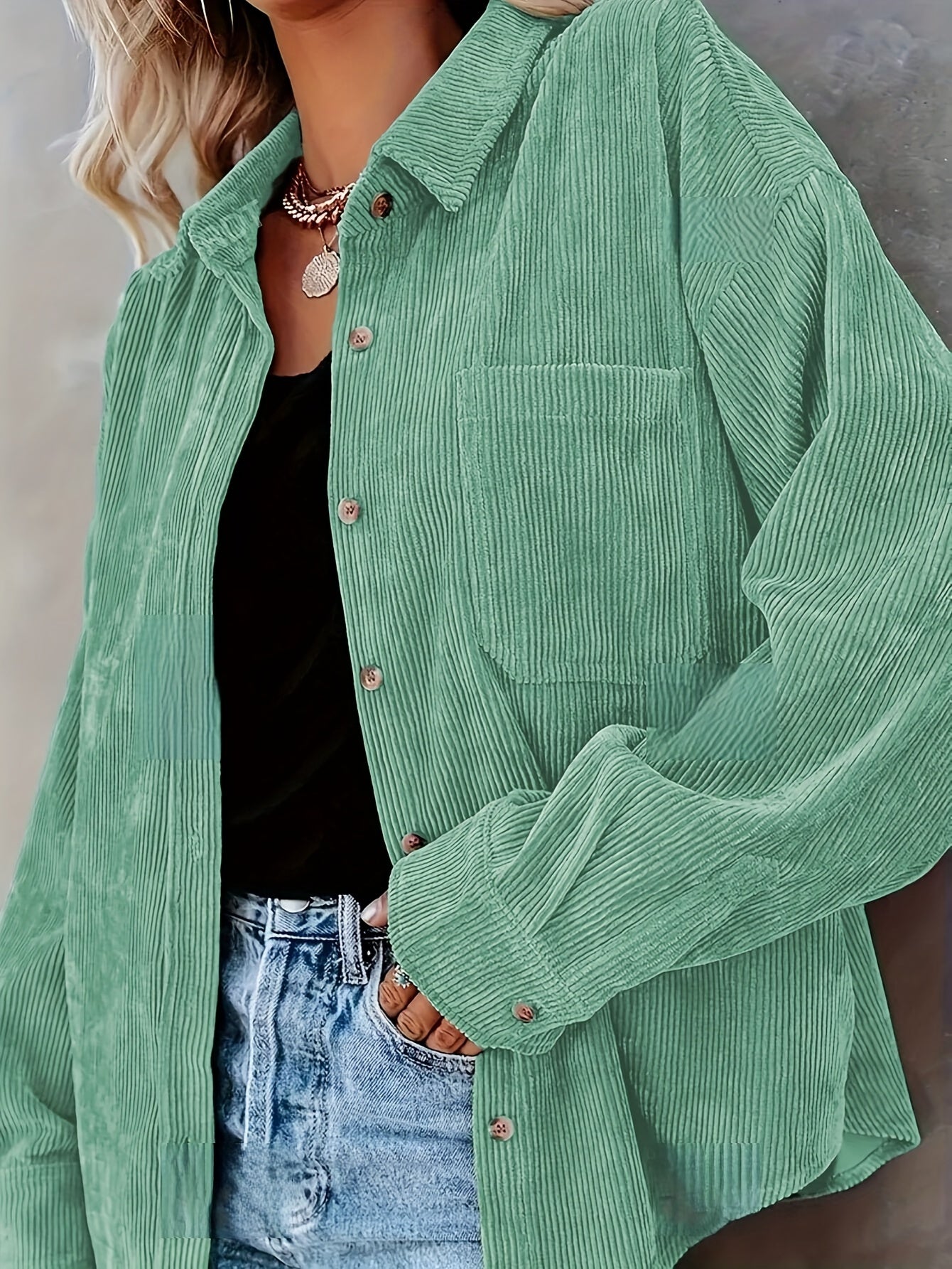 Women's Oversized Corduroy Button-Up Shirt - Long Sleeve, Loose Fit, Rust Orange, Casual Style with Pockets, Perfect for Spring/Fall, Casual Wear Shirt | Stylish Pockets | Corduroy Fabric