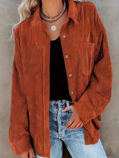 Women's Oversized Corduroy Button-Up Shirt - Long Sleeve, Loose Fit, Rust Orange, Casual Style with Pockets, Perfect for Spring/Fall, Casual Wear Shirt | Stylish Pockets | Corduroy Fabric