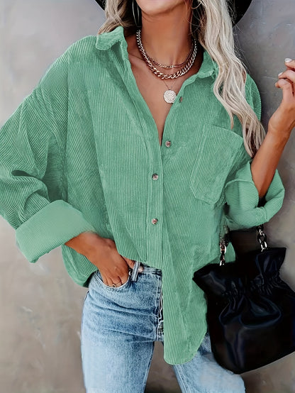 Women's Oversized Corduroy Button-Up Shirt - Long Sleeve, Loose Fit, Rust Orange, Casual Style with Pockets, Perfect for Spring/Fall, Casual Wear Shirt | Stylish Pockets | Corduroy Fabric
