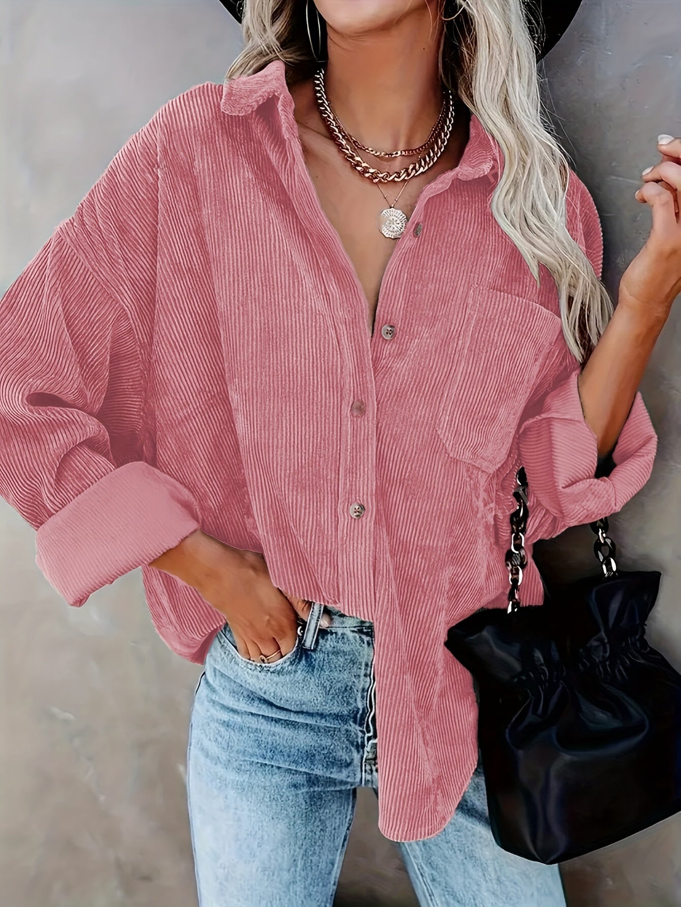 Women's Oversized Corduroy Button-Up Shirt - Long Sleeve, Loose Fit, Rust Orange, Casual Style with Pockets, Perfect for Spring/Fall, Casual Wear Shirt | Stylish Pockets | Corduroy Fabric