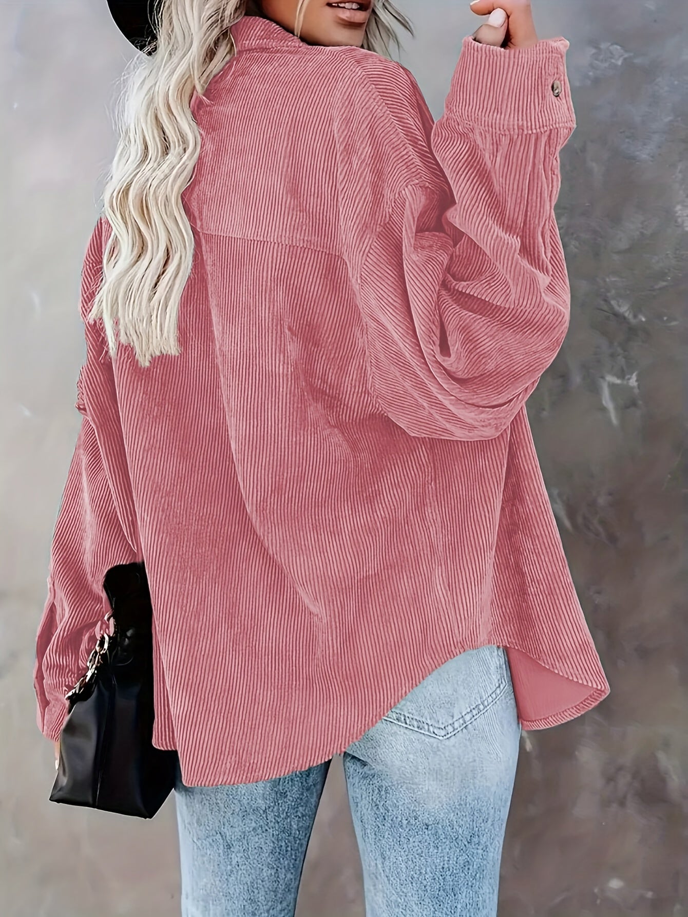 Women's Oversized Corduroy Button-Up Shirt - Long Sleeve, Loose Fit, Rust Orange, Casual Style with Pockets, Perfect for Spring/Fall, Casual Wear Shirt | Stylish Pockets | Corduroy Fabric